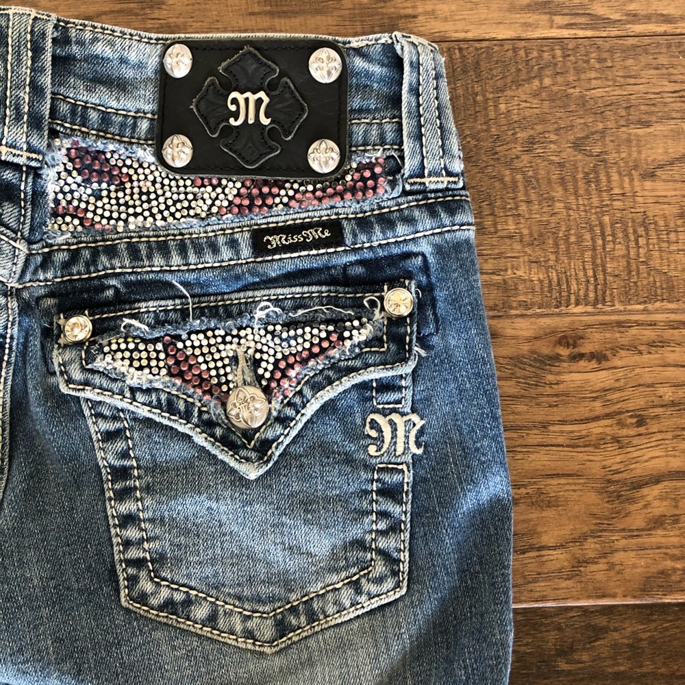 Miss Me Pink + White Rhinestone Embellished Jeans